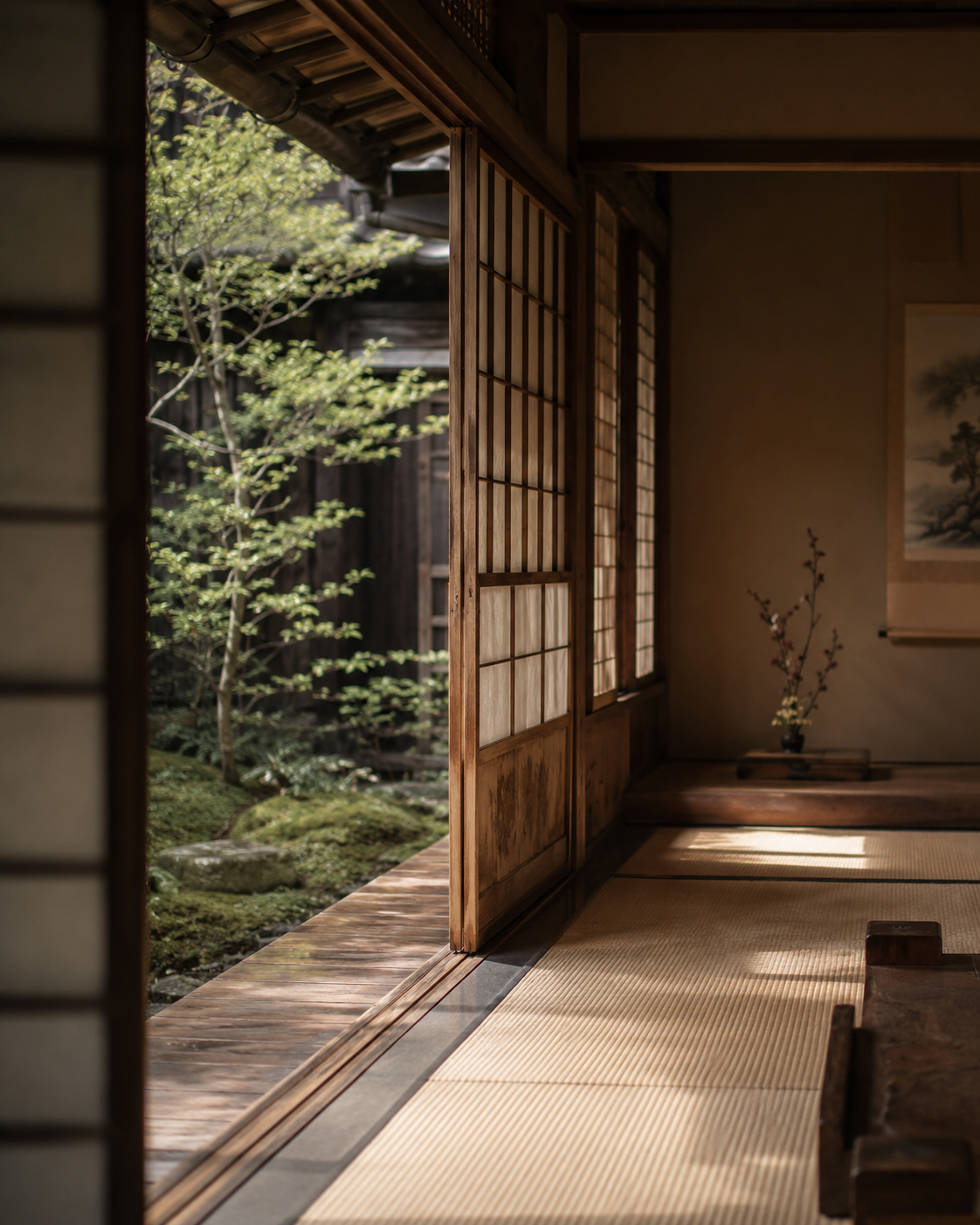 Serene tatami interior of a restored Kyoto kominka opening onto a garden